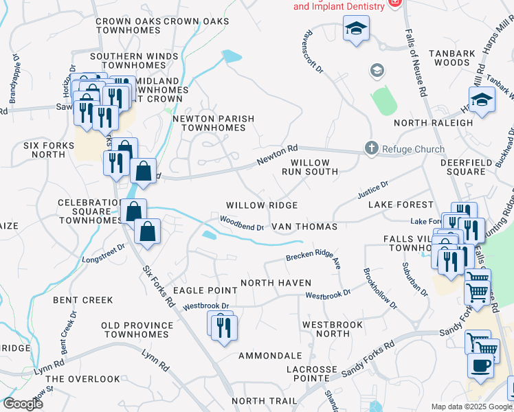 map of restaurants, bars, coffee shops, grocery stores, and more near 430 Van Thomas Drive in Raleigh
