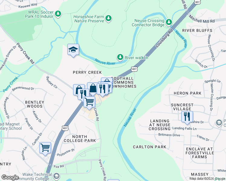 map of restaurants, bars, coffee shops, grocery stores, and more near 8022 River Watch Lane in Raleigh
