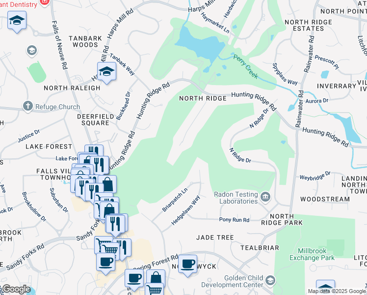 map of restaurants, bars, coffee shops, grocery stores, and more near 6701 Foxfire Place in Raleigh