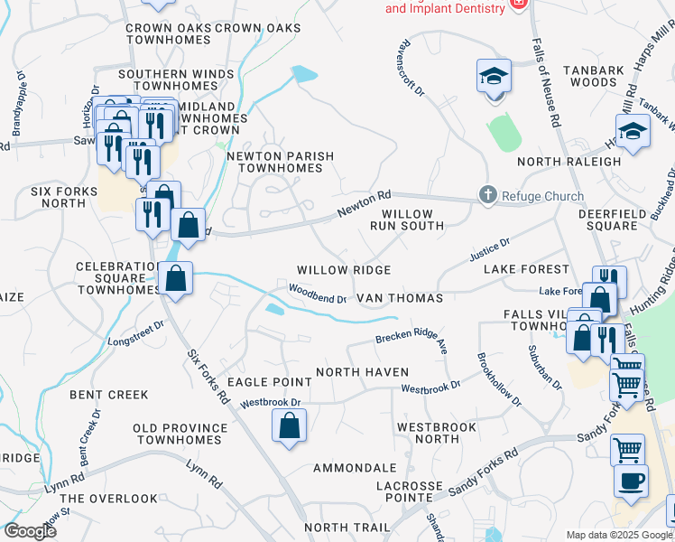 map of restaurants, bars, coffee shops, grocery stores, and more near 430 Van Thomas Drive in Raleigh