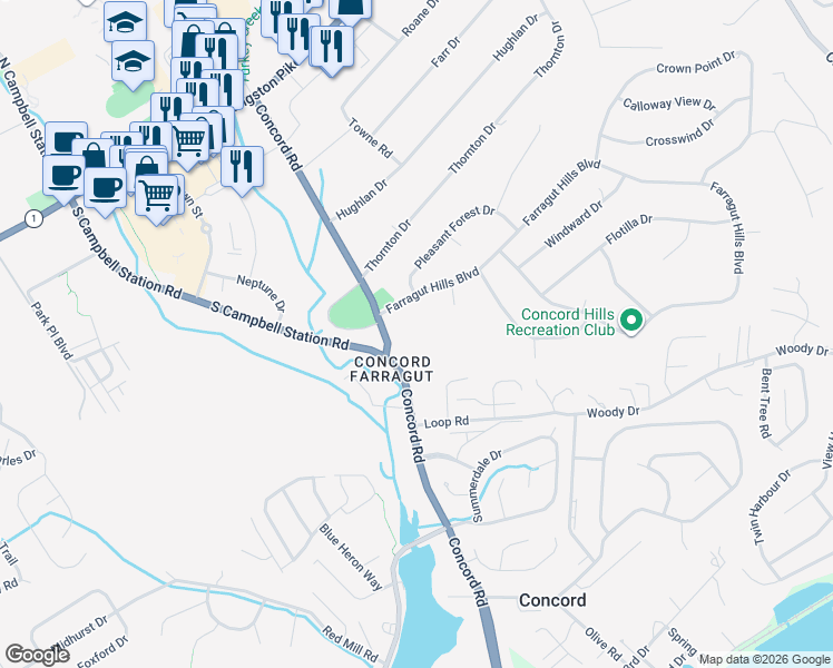 map of restaurants, bars, coffee shops, grocery stores, and more near 500 Concord Road in Knoxville
