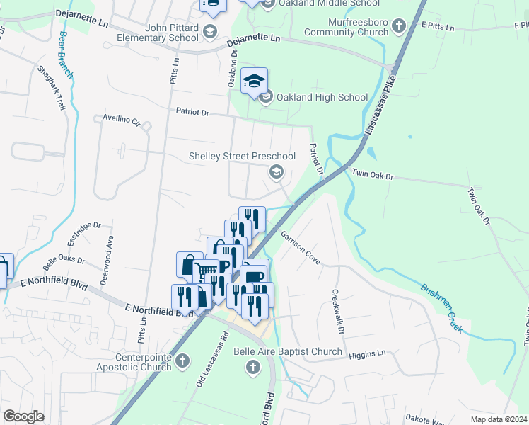 map of restaurants, bars, coffee shops, grocery stores, and more near 2377 Oak Hill Drive in Murfreesboro