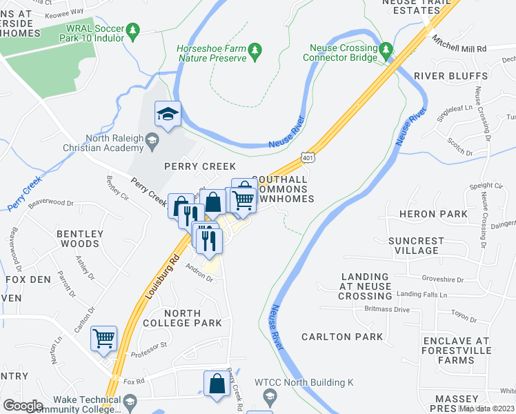 map of restaurants, bars, coffee shops, grocery stores, and more near 7717 Averette Field Drive in Raleigh