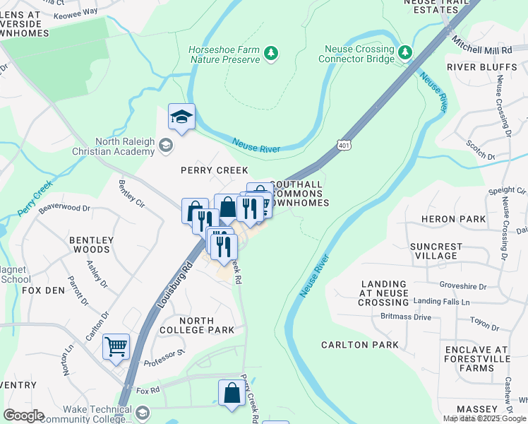 map of restaurants, bars, coffee shops, grocery stores, and more near 8020 River Watch Lane in Raleigh