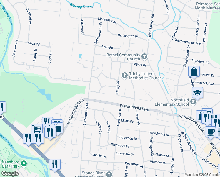 map of restaurants, bars, coffee shops, grocery stores, and more near 1207 Coffee Avenue in Murfreesboro