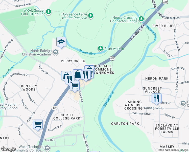 map of restaurants, bars, coffee shops, grocery stores, and more near 8022 River Watch Lane in Raleigh