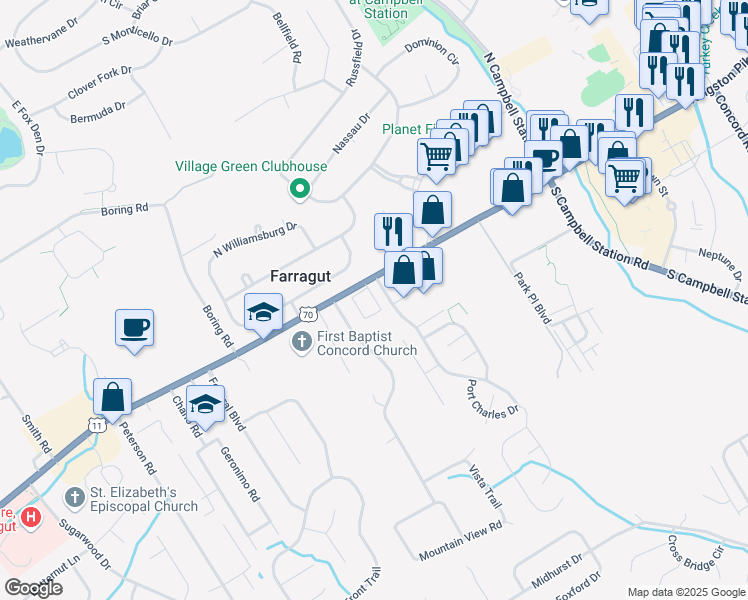 map of restaurants, bars, coffee shops, grocery stores, and more near 109 Confederacy Circle in Farragut
