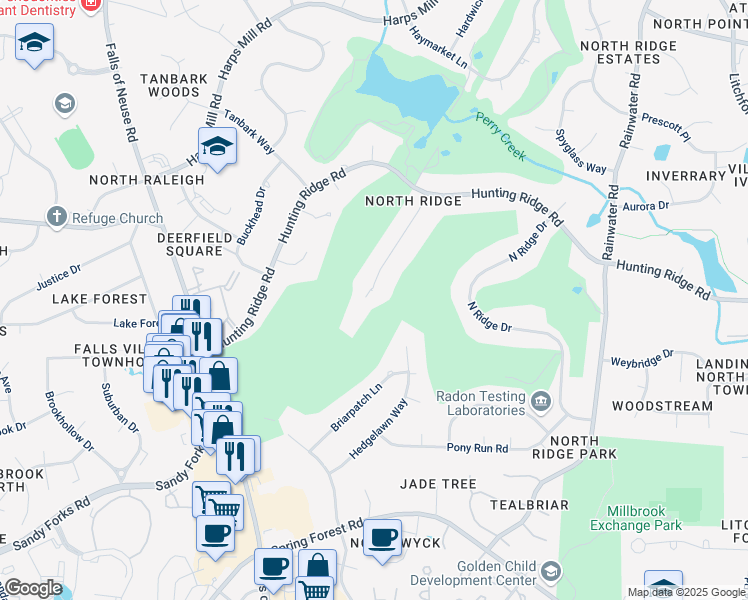 map of restaurants, bars, coffee shops, grocery stores, and more near 6701 Foxfire Place in Raleigh