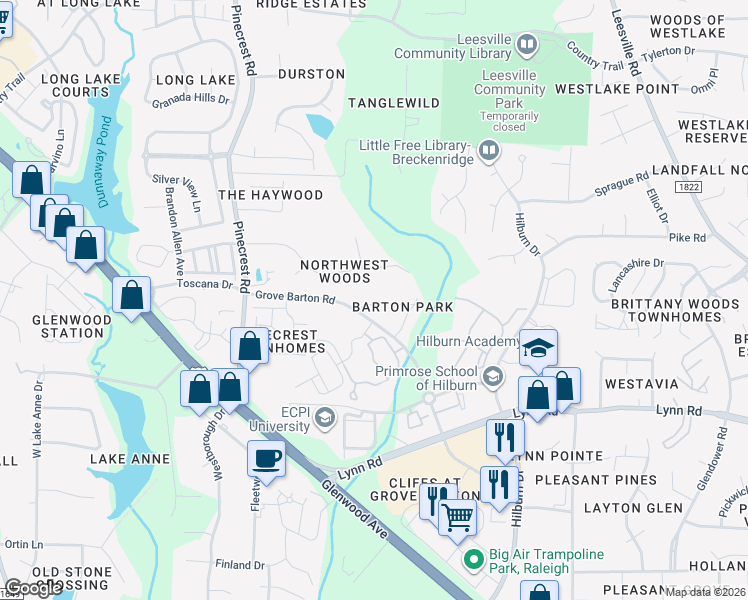 map of restaurants, bars, coffee shops, grocery stores, and more near 4062 Barton Park Place in Raleigh