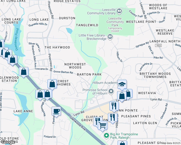 map of restaurants, bars, coffee shops, grocery stores, and more near 4004 Barton Park Place in Raleigh