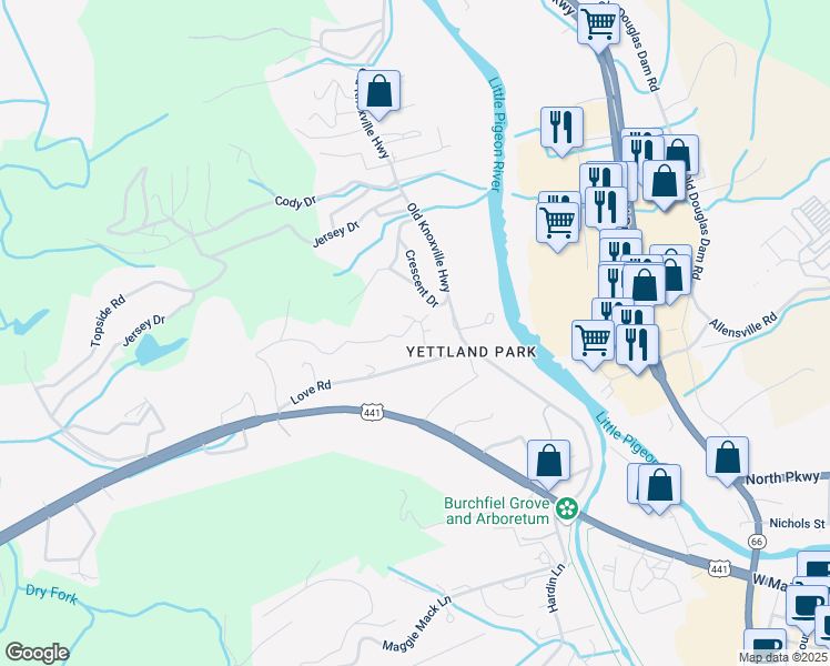 map of restaurants, bars, coffee shops, grocery stores, and more near 127 Cedar Hills Road in Sevierville