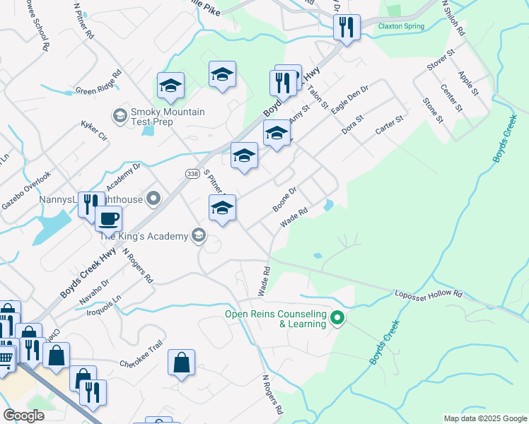 map of restaurants, bars, coffee shops, grocery stores, and more near 719 Boone Drive in Seymour