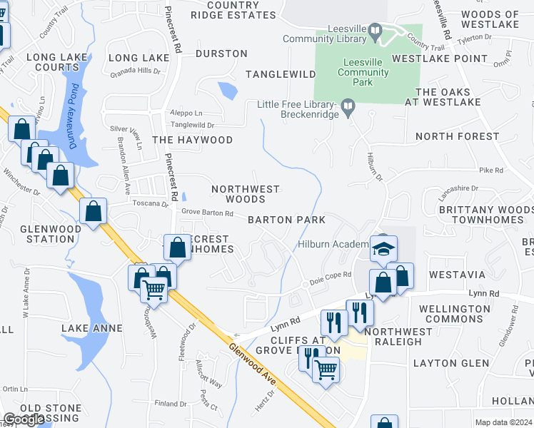 map of restaurants, bars, coffee shops, grocery stores, and more near 4062 Barton Park Place in Raleigh