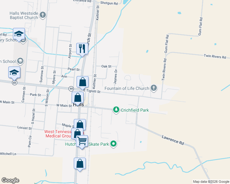 map of restaurants, bars, coffee shops, grocery stores, and more near 502 East Tigrett Street in Halls
