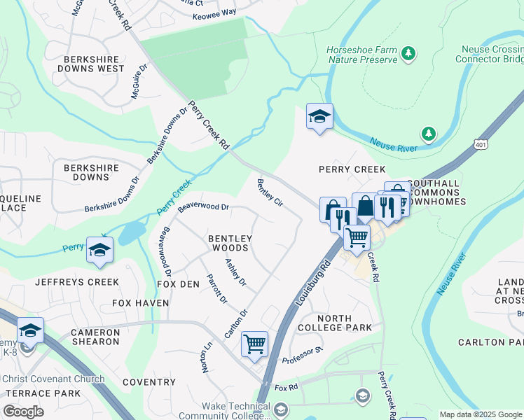map of restaurants, bars, coffee shops, grocery stores, and more near 7321 Beaverwood Drive in Raleigh