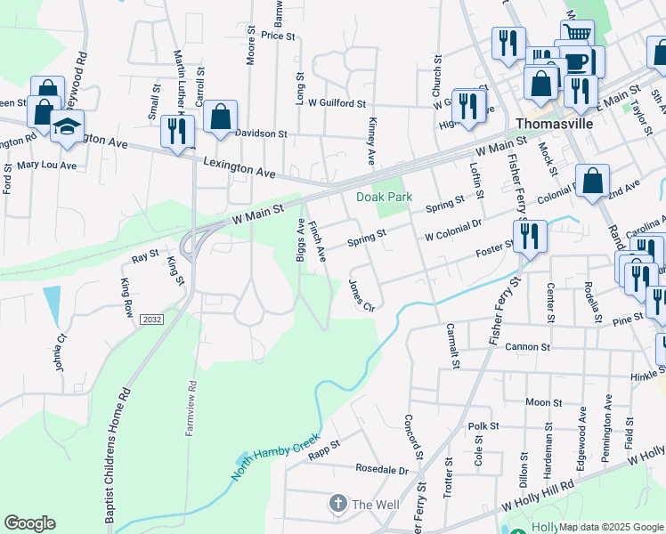 map of restaurants, bars, coffee shops, grocery stores, and more near 201 Finch Avenue in Thomasville
