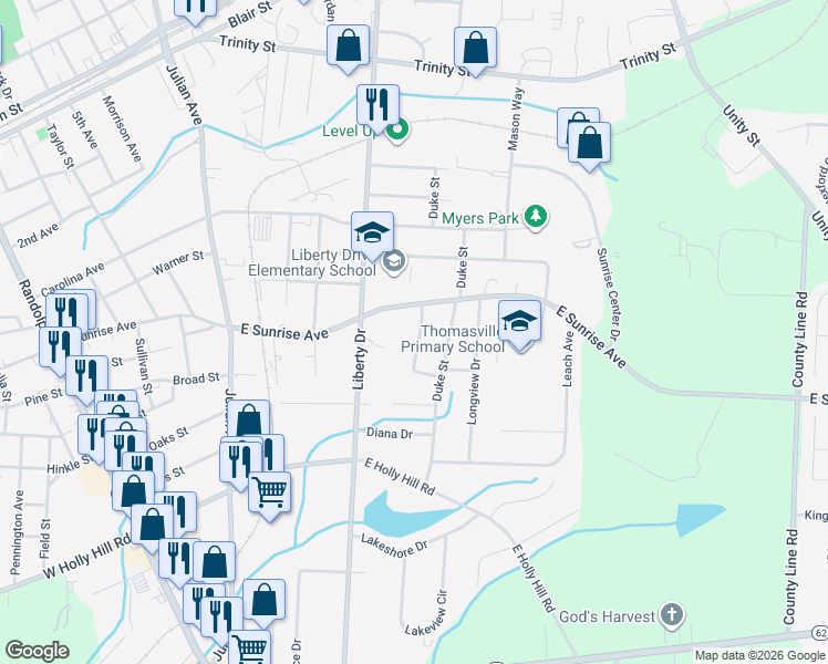 map of restaurants, bars, coffee shops, grocery stores, and more near 502 Pontiac Drive in Thomasville