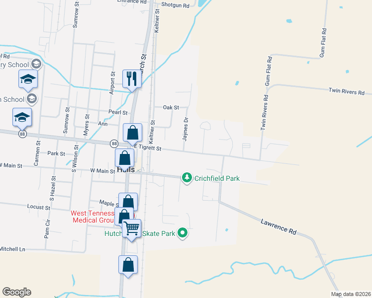 map of restaurants, bars, coffee shops, grocery stores, and more near 502 East Tigrett Street in Halls