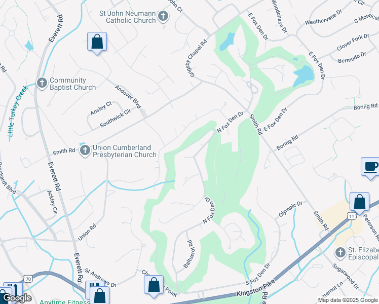 map of restaurants, bars, coffee shops, grocery stores, and more near 12201 Aronimink Point in Knoxville