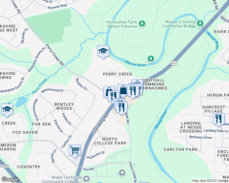 map of restaurants, bars, coffee shops, grocery stores, and more near 7008 Perry Creek Road in Raleigh