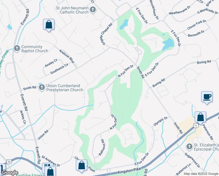 map of restaurants, bars, coffee shops, grocery stores, and more near 12118 North Fox Den Drive in Knoxville