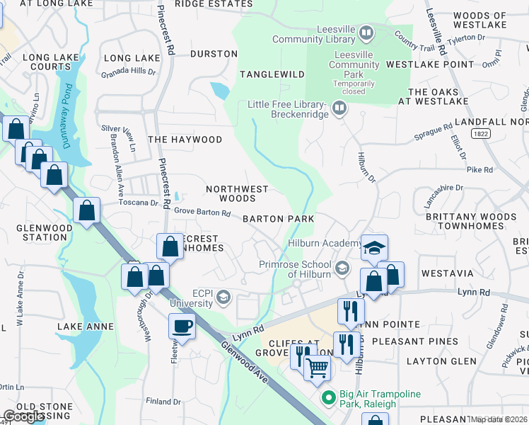 map of restaurants, bars, coffee shops, grocery stores, and more near 4062 Barton Park Place in Raleigh