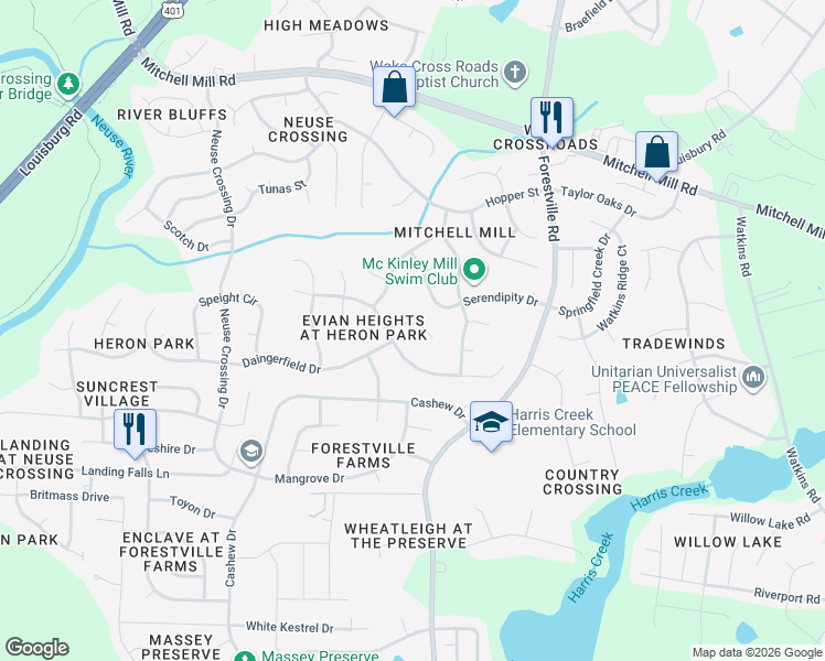 map of restaurants, bars, coffee shops, grocery stores, and more near 3516 Boren Court in Raleigh