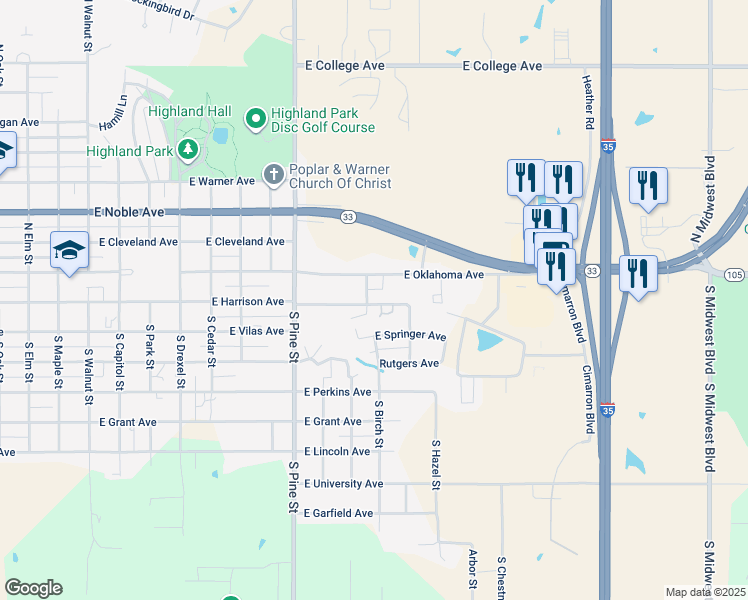 map of restaurants, bars, coffee shops, grocery stores, and more near 1702 East Harrison Avenue in Guthrie