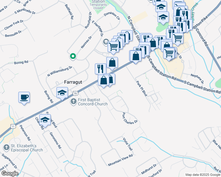 map of restaurants, bars, coffee shops, grocery stores, and more near 11530 Kingston Pike in Farragut