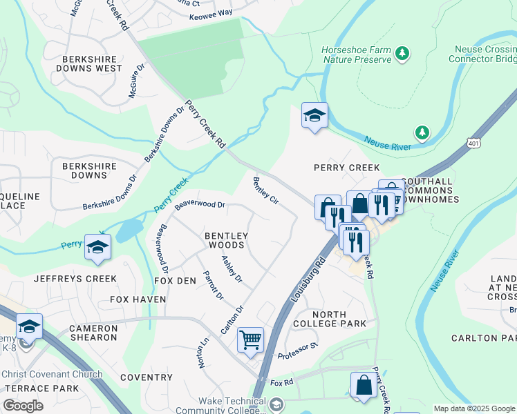 map of restaurants, bars, coffee shops, grocery stores, and more near 7321 Beaverwood Drive in Raleigh