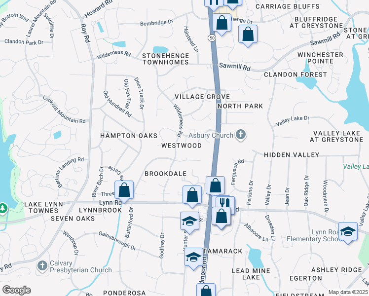 map of restaurants, bars, coffee shops, grocery stores, and more near 7104 Wilderness Road in Raleigh