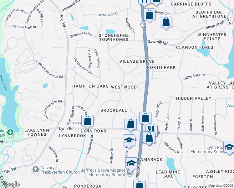 map of restaurants, bars, coffee shops, grocery stores, and more near 7104 Wilderness Road in Raleigh