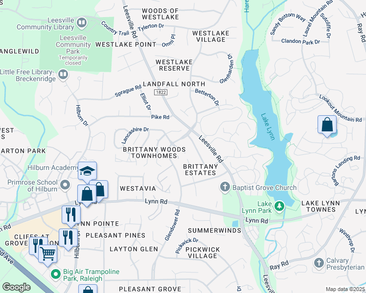 map of restaurants, bars, coffee shops, grocery stores, and more near 4417 Lancashire Drive in Raleigh