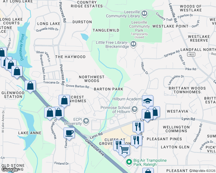 map of restaurants, bars, coffee shops, grocery stores, and more near 4002 Barton Park Place in Raleigh