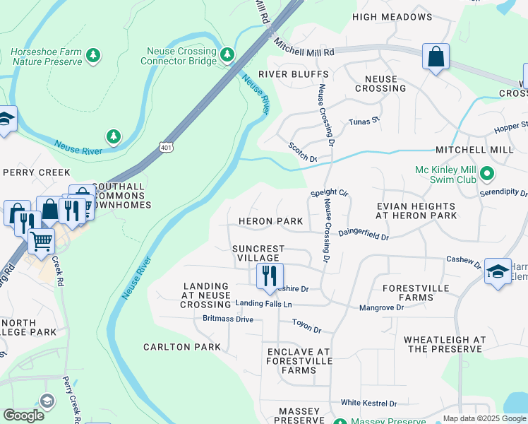map of restaurants, bars, coffee shops, grocery stores, and more near 3008 Crane Court in Raleigh