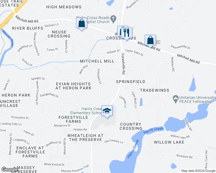 map of restaurants, bars, coffee shops, grocery stores, and more near 3516 Lownwood Way in Raleigh