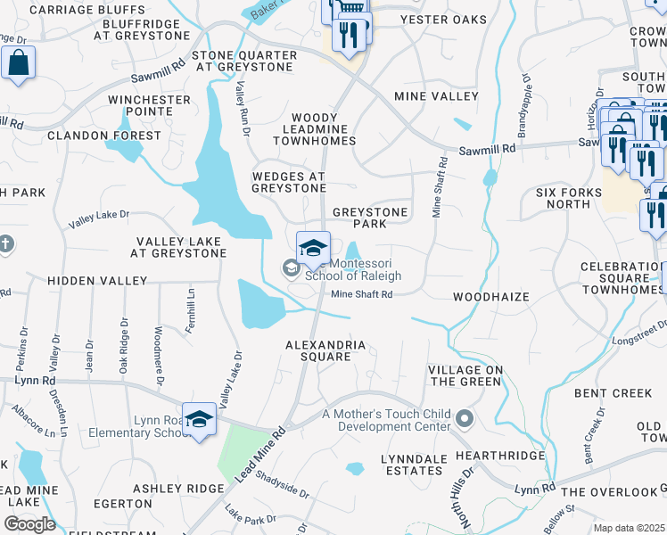 map of restaurants, bars, coffee shops, grocery stores, and more near 7110 Lead Mine Road in Raleigh
