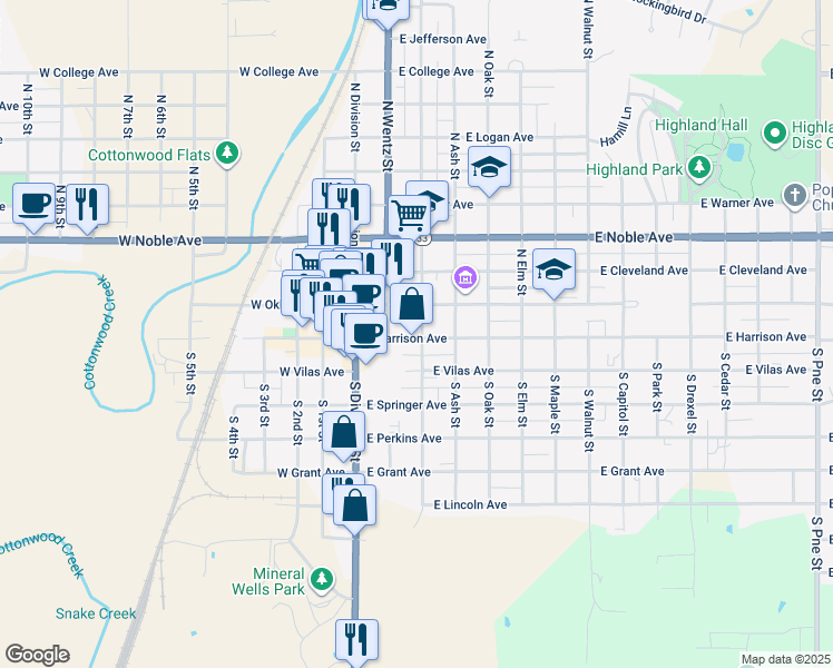 map of restaurants, bars, coffee shops, grocery stores, and more near 211 East Harrison Avenue in Guthrie