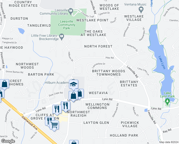 map of restaurants, bars, coffee shops, grocery stores, and more near 4904 Kinross Drive in Raleigh