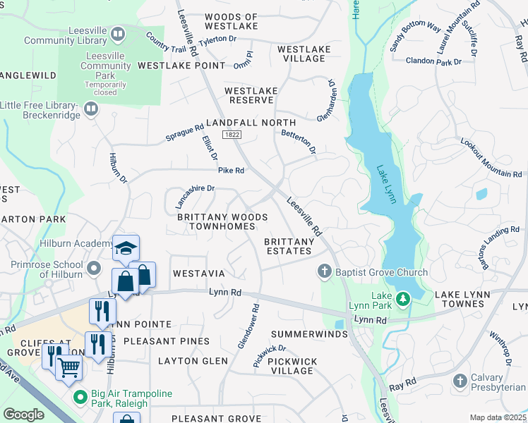 map of restaurants, bars, coffee shops, grocery stores, and more near 4417 Lancashire Drive in Raleigh