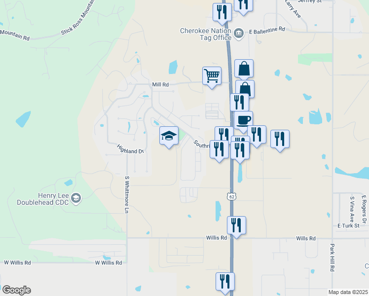 map of restaurants, bars, coffee shops, grocery stores, and more near 3749 Southridge Circle in Tahlequah