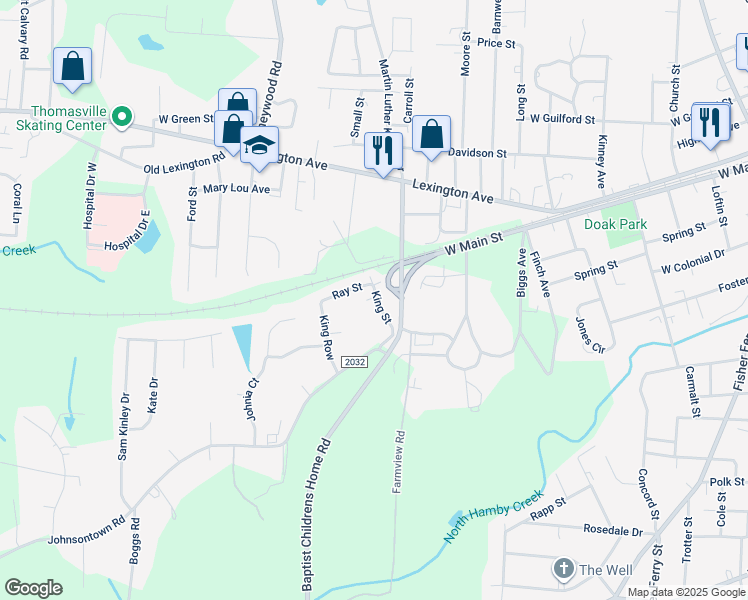 map of restaurants, bars, coffee shops, grocery stores, and more near 28 King Street in Thomasville