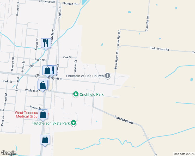 map of restaurants, bars, coffee shops, grocery stores, and more near 614 East Tigrett Street in Halls