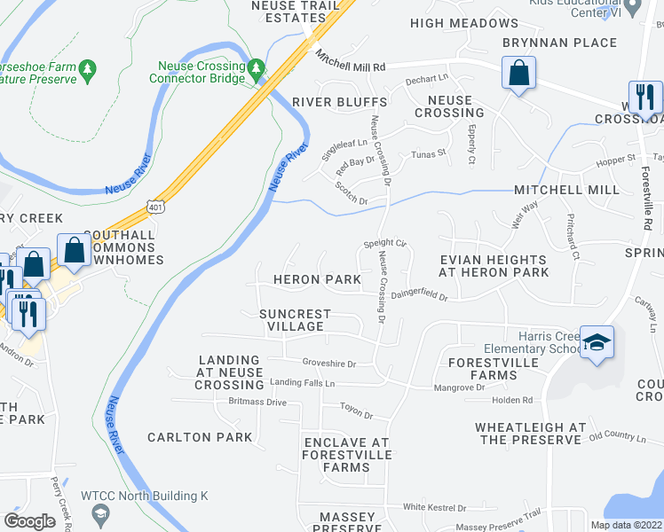 map of restaurants, bars, coffee shops, grocery stores, and more near 3113 Twatchman Drive in Raleigh