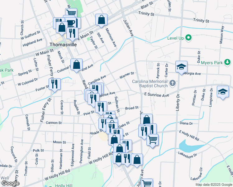 map of restaurants, bars, coffee shops, grocery stores, and more near 201 East Sunrise Avenue in Thomasville