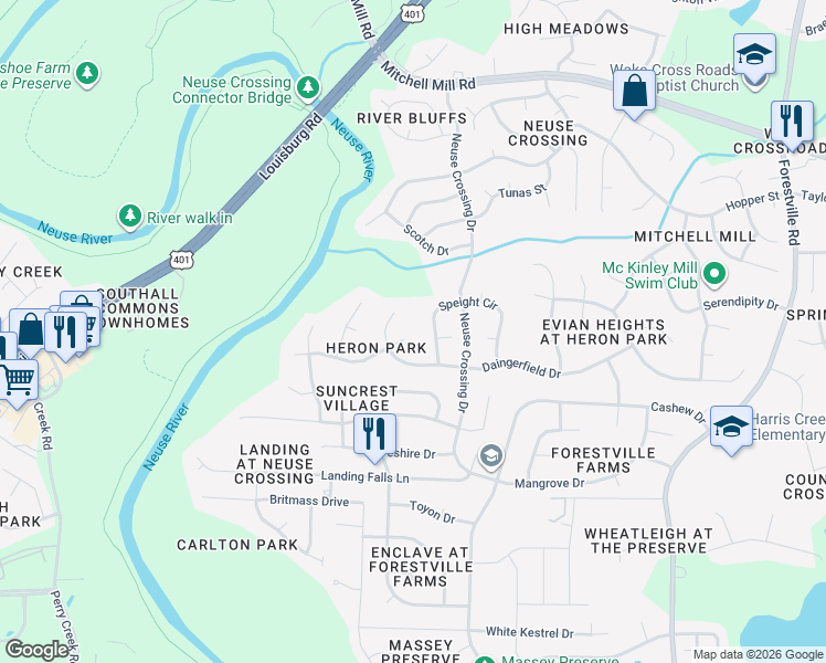 map of restaurants, bars, coffee shops, grocery stores, and more near 3113 Twatchman Drive in Raleigh