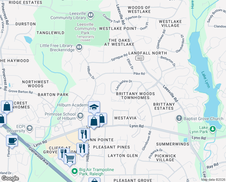 map of restaurants, bars, coffee shops, grocery stores, and more near 7117 Kinross Drive in Raleigh