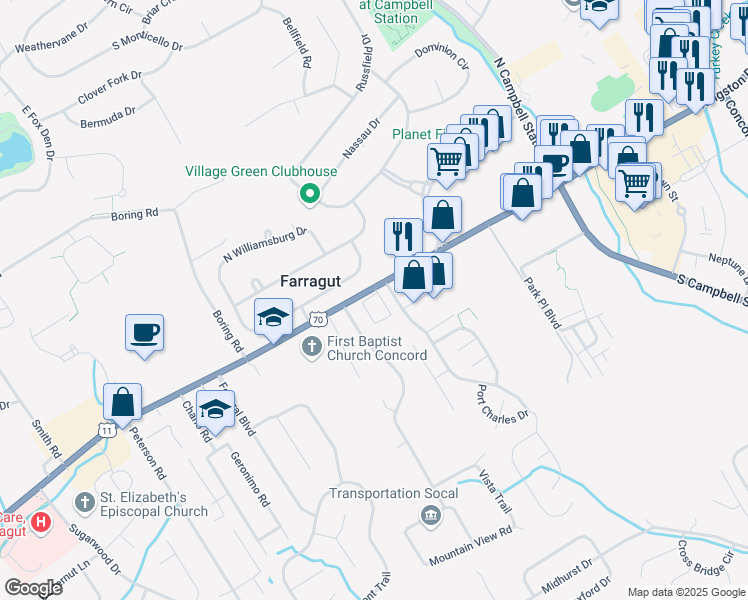 map of restaurants, bars, coffee shops, grocery stores, and more near 109 Confederacy Circle in Farragut