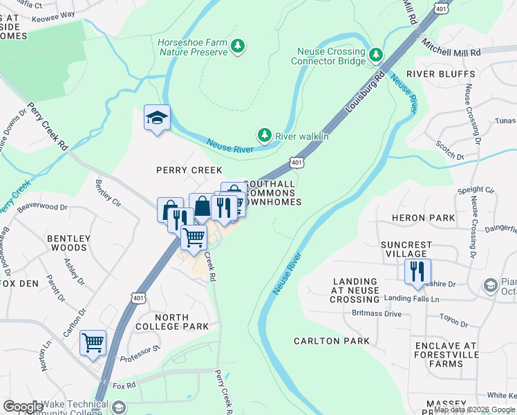 map of restaurants, bars, coffee shops, grocery stores, and more near 7740 Averette Field Drive in Raleigh