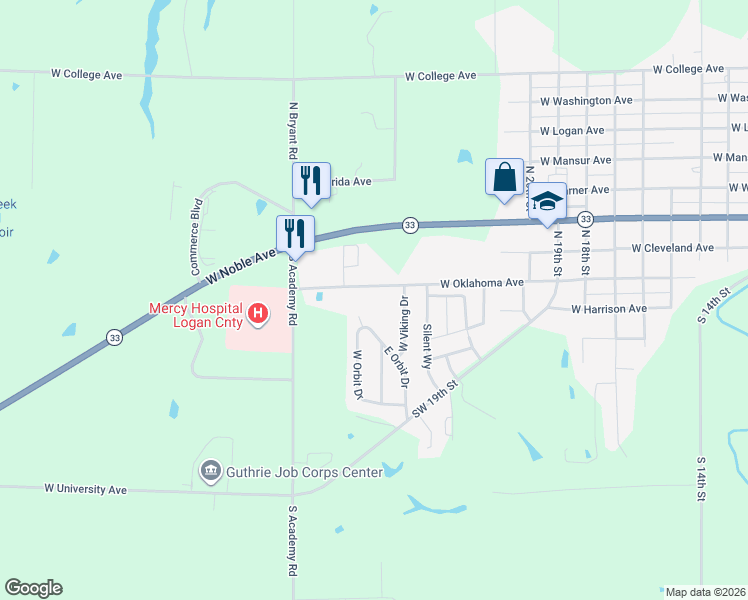 map of restaurants, bars, coffee shops, grocery stores, and more near 2513 West Oklahoma Avenue in Guthrie